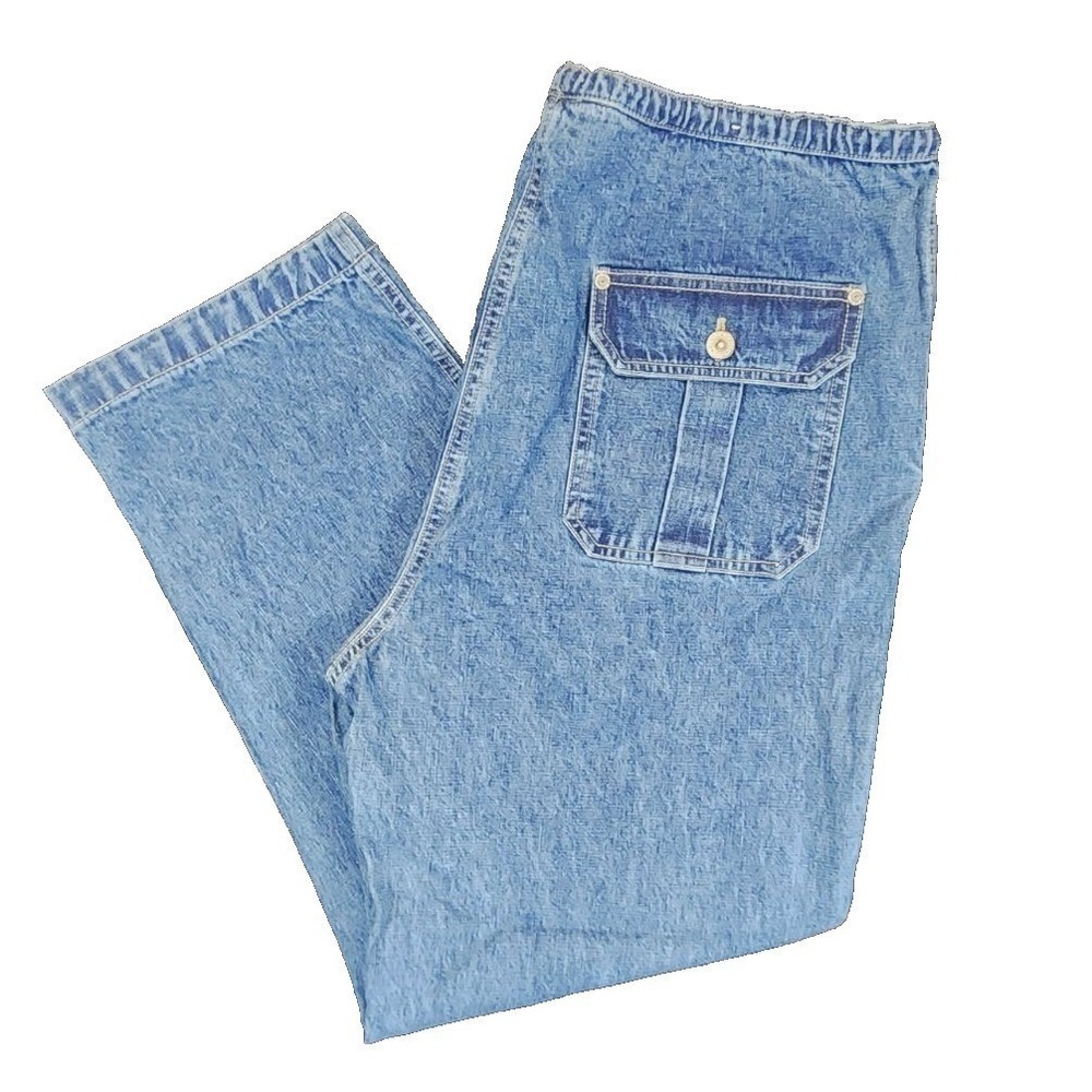VTG Bill Blass Jean Women PL Blue Denim Elastic Waist Drawstring Utility Pockets